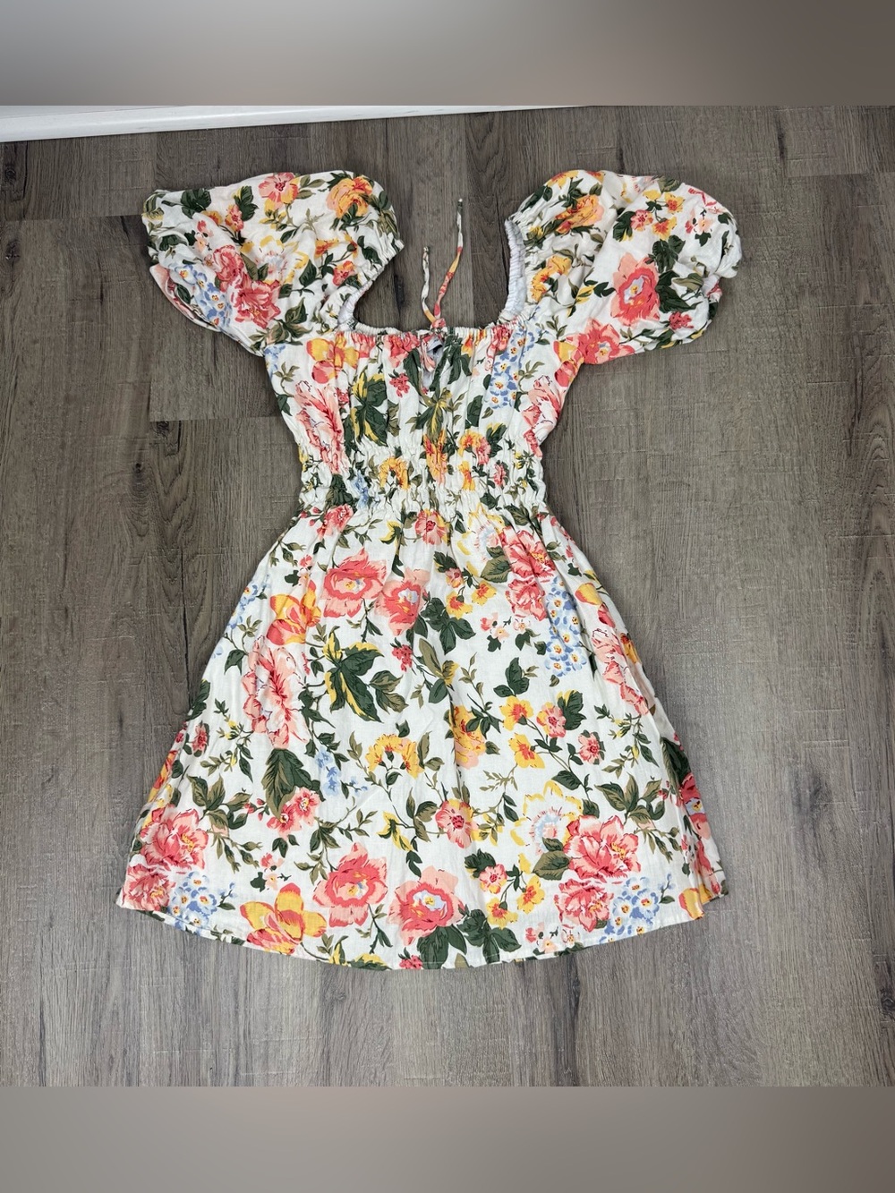 Faithfull The Brand Nikoleta Mini Dress Floral Linen Size Small Puff Sleeve - Picture 2 of 9